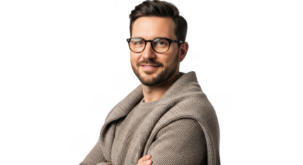 Confident man wearing glasses and a stylish cardigan with arms crossed poses professionally