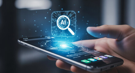 Hand holding smartphone with AI search icon hovering above screen, representing artificial intelligence technology.