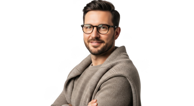 Confident man wearing glasses and a stylish cardigan with arms crossed poses professionally