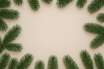 Pine branches frame minimalist background.