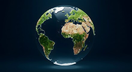3D Render of Earth Globe with Continents and Lights, Illustrating Global Communication, Travel, and Environmental Concepts, Isolated on Dark Blue Background.