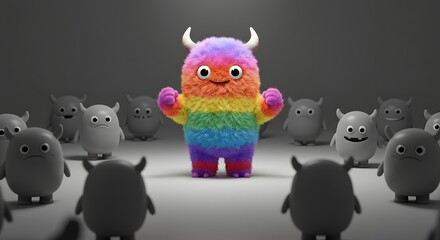 Colorful, Happy Monster Standing Out from the Crowd of Gray Monsters: A Symbol of Diversity, Inclusion, and Individuality in a Unique, Cute, and Eye-Catching 3D Render.