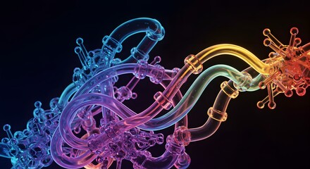 Abstract colorful 3D rendering of a futuristic network with interconnected pipes and nodes, glowing with vibrant neon light against a dark background, perfect for science and technology concepts.