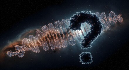 Conceptual 3D illustration of a DNA strand forming a question mark in space, symbolizing scientific curiosity, genetic mysteries, and the exploration of life's origins.
