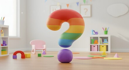 Whimsical 3D Render of a Colorful Rainbow Question Mark in a Playroom Setting with Toys, Learning, Education, and Early Childhood Development Concepts.