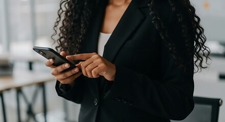 Close-up of a professional businesswoman's hands using a smartphone in a modern office environment, highlighting digital connectivity and communication