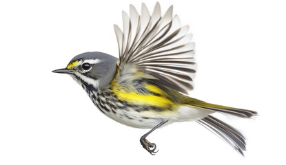 Obraz premium A magnolia warbler soars, its wings spread, displaying its unique yellow and gray plumage, isolated on transparent background the birds flight is graceful