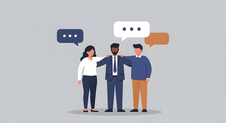 Illustration of diverse business team embracing, communicating, and sharing ideas. Concept for teamwork, collaboration, communication, and support in a modern, inclusive workplace. Group of people.