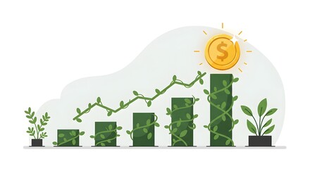 Financial Growth Concept: Rising Plant-Like Bar Graph with Dollar Sign Coin, Illustrating Investment, Business Success, and Financial Progress, Isolated on White Background.