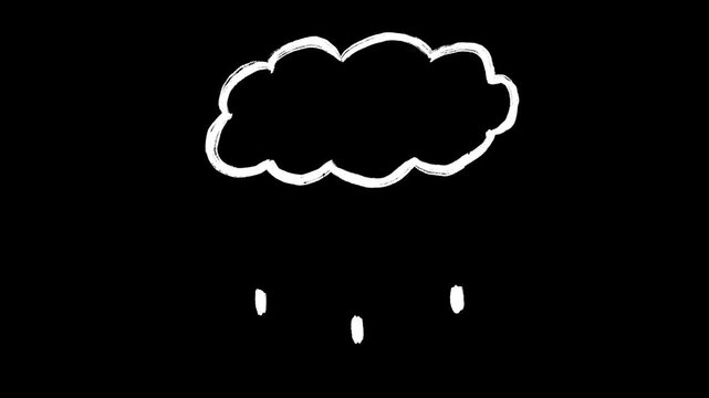 Hand Drawn Rain Cloud Doodle Animation, Looping White Line Art on Black Background, Weather Sketch Motion Graphic, Grunge Style Stormy Climate Video