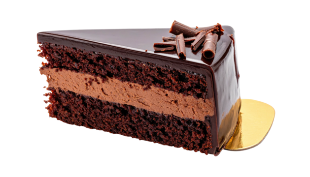 Chocolate cake slice, glossy dark chocolate ganache,  a delicate layer of light brown chocolate mousse