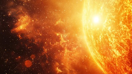 The sun, a massive star, emitting a bright yellow and orange glow with a fiery surface and surrounding space filled with stars and gas.