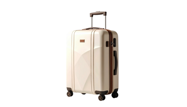 Cream-colored hard-shell carry-on suitcase with tan accents