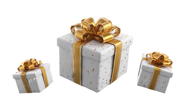 White gift boxes with gold ribbons floating in air high resolution transparent background png cutout festive atmosphere elegant presents for holiday cards ecommerce mockups web banners