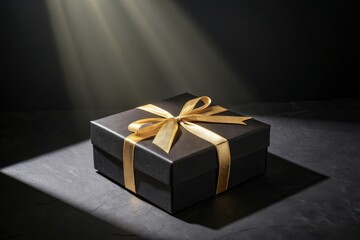 Black Gift Box With Golden Ribbon Isolated On Dark Surface