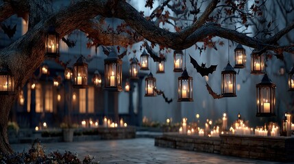 Atmospheric Halloween scene with lanterns, candles, and bats under a moonlit tree