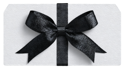 White gift tag with black ribbon bow isolated on white high resolution transparent background PNG cutout label for holiday gifts ecommerce product mockups packaging design and greeting cards
