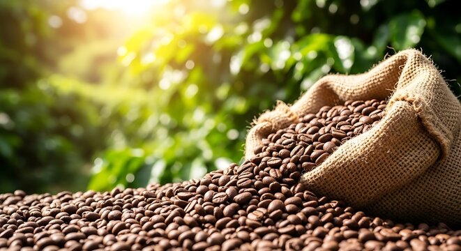 Burlap sack overflowing with roasted coffee beans in a lush green coffee plantation