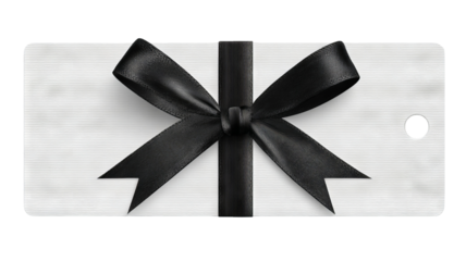 White gift tag with black ribbon bow isolated on white high resolution transparent background PNG cutout label for holiday gifts ecommerce product mockups packaging design and greeting cards
