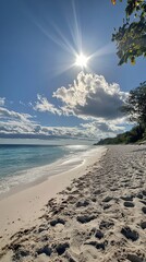 Beautiful Beach Scene White Sand Blue Ocean Sky Clouds Sunlight Reflection Copy Space