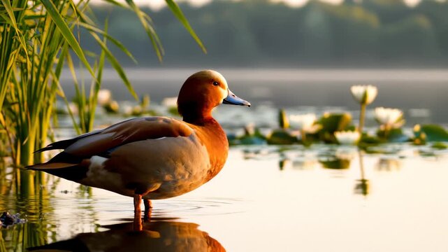 Ruddy Shelduck Standing in a Lake at Sunrise, Nature Wildlife