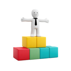 Business figure on stacked blocks symbolizing growth and leadership