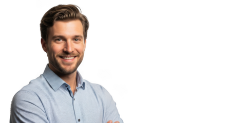 Smiling young businessman confident portrait professional headshot casual business attire studio shot