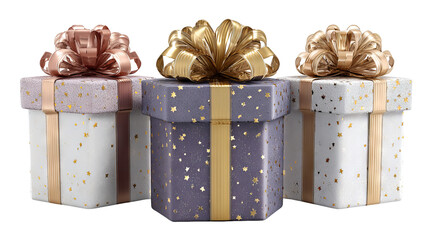 Three tall hexagonal gift boxes with satin ribbons isolated on white high resolution transparent background clean png cutout ideal for holiday presents ecommerce packaging mockups and festive design
