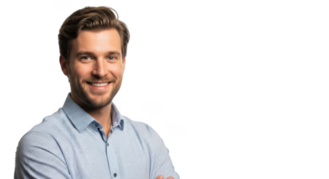 Smiling young businessman confident portrait professional headshot casual business attire studio shot