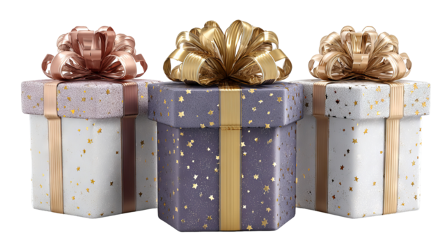 Three tall hexagonal gift boxes with satin ribbons isolated on white high resolution transparent background clean png cutout ideal for holiday presents ecommerce packaging mockups and festive design
