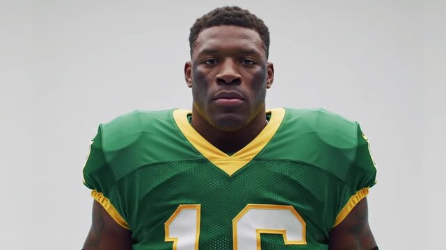 Stern football player in green uniform - Powered by Adobe