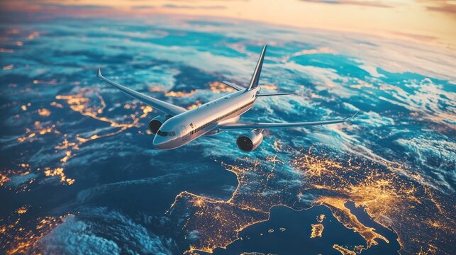 A commercial airplane flying over a map of Europe at sunset.