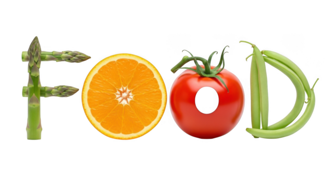 Creative word art food made from fresh fruits and vegetables on a stark black canvas