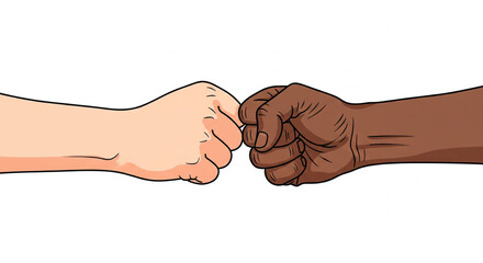 Two fists, one light-skinned and one dark-skinned, bumping together in a gesture of unity and agreement.