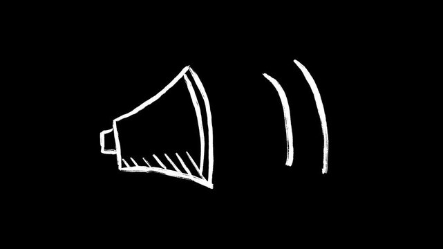 Hand Drawn Megaphone Speaker Doodle Animation, Looping Black and White Announcement Sketch, Chalkboard Style Sound Volume Graphic Video Loop