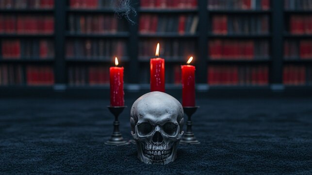 Victorian Gothic Halloween library interior with dusty chandeliers, skulls, cobwebs and flickering candles.