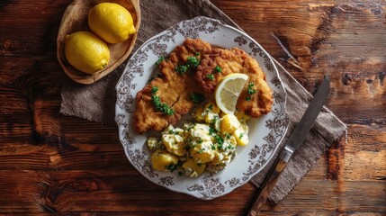 Overhead Shot of Schnitzel with Potato Salad