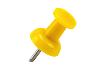 Bright yellow push pin on black background.  Rounded head, pointed metal pin.  Simple, graphic representation