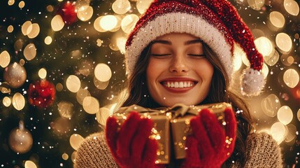 A woman wearing a Santa hat and holding a wrapped gift in front of a Christmas tree with twinkling lights.
