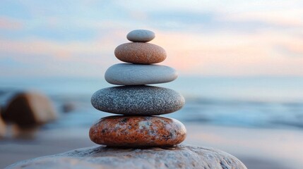 A stack of five stones on a beach with a sunset in the background.