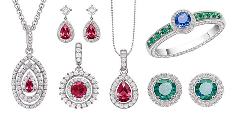 Luxury Gemstone Jewelry PNG Set – High Quality Isolated Diamonds, Rubies, Sapphires, Emeralds on Transparent Background