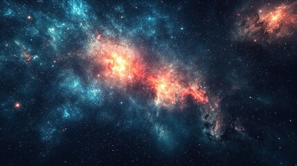 A vast, colorful nebula with stars and galaxies in the background.