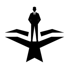 A businessman stands at a crossroads with paths diverging in opposite directions