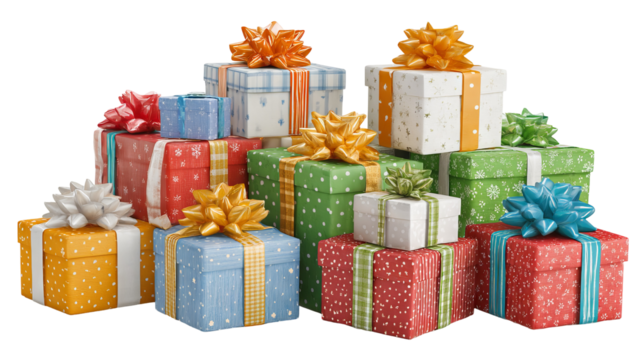 Colorful holiday gift boxes stacked with bows isolated on white high resolution png cutout festive presents for christmas new year birthdays ecommerce banners and design