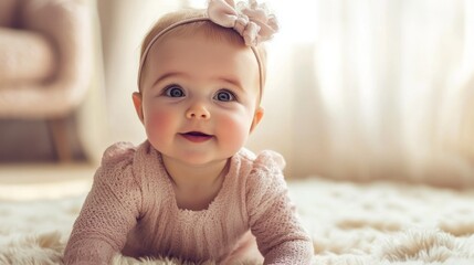 A baby girl wearing a pink headband and a pink sweater, lying on a white blanket in a cozy room with a beige chair in the background.
