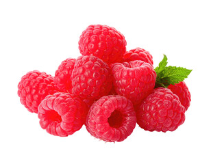 Close-up of fresh raspberries.  A cluster of vibrant red raspberries, piled together,  with a small mint leaf
