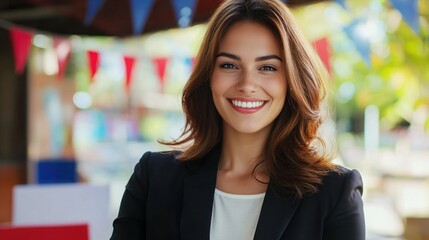A smiling woman in a black blazer and white shirt, standing outdoors with a colorful background.