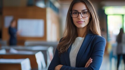 A confident young businesswoman in a professional setting, wearing glasses and a suit, with a serious expression.