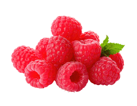Close-up of fresh raspberries.  A cluster of vibrant red raspberries, piled together,  with a small mint leaf