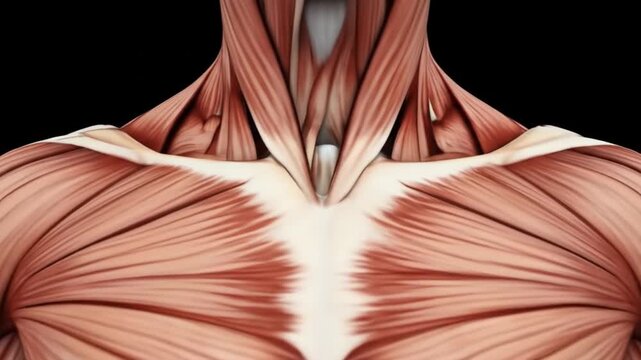 Anatomical illustration of the human neck and chest muscles, showcasing detailed muscle structure.